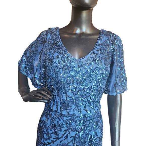 NWT Royal Blue Beaded Cold Shoulder Flutter Sleeve Formal Gown - Alex  Evenings